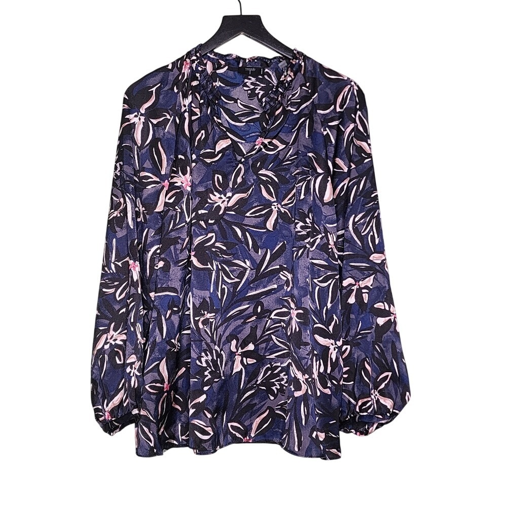 Tahari Black Blue‎ Floral Blouse Bishop Sleeve Ruffle Neck Boho Cottage 1X